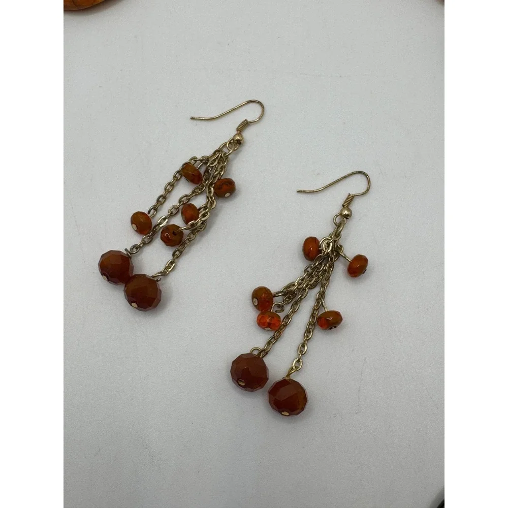 Fire Agate Chunky Beaded Necklace and Dangle Earrings Set Orange Brown Boho